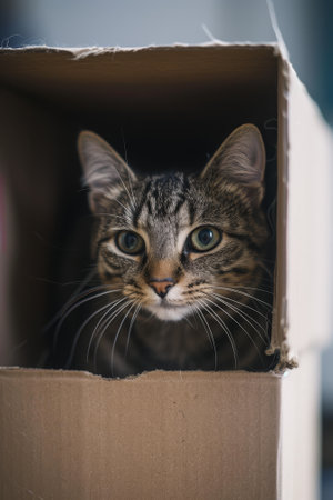 Curious Cat Peeking Out of a Cardboard Boxの素材