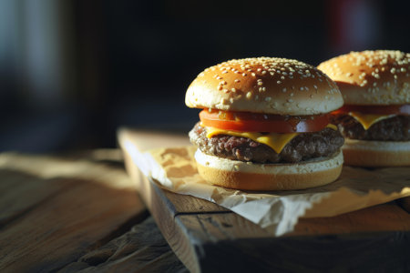 Delicious cheeseburgers on a wooden tableの素材