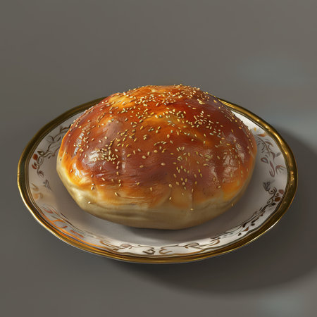 Freshly baked sesame seed bun on an elegant plateの素材