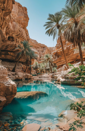 Tranquil Oasis with Palm Trees and Clear Blue Waterの素材