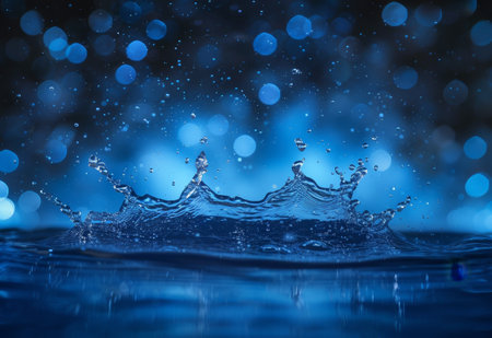 Elegant water splash on a blue bokeh backgroundの素材