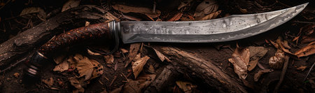A steel knife on forest floorの素材