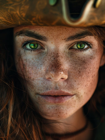 Intense gaze of a young woman with striking green eyes and frecklesの素材
