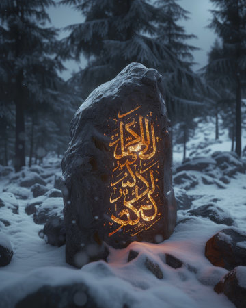 Mystical glowing stone with Arabic calligraphy in a snowy forestの素材