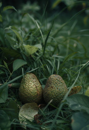 Avocados resting in lush green grassの素材
