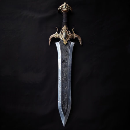 Ornate medieval sword on a dark backgroundの素材