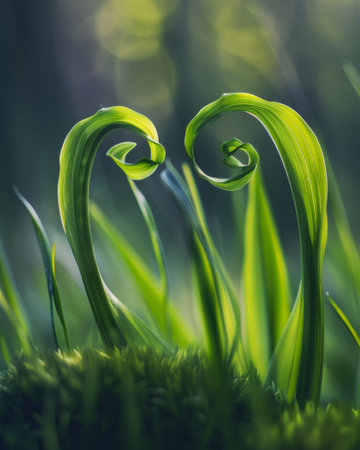 Nature's Embrace: Two Green Shoots Intertwined in a Heart Shapeの素材