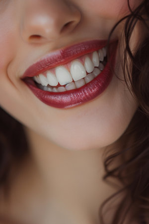 Close-up of a Woman Smiling with Red Lipstickの素材