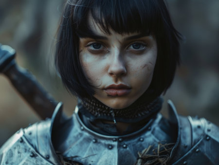 Determined female warrior in armor with a solemn expressionの素材
