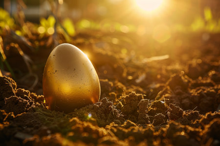 Golden egg in soil at sunriseの素材