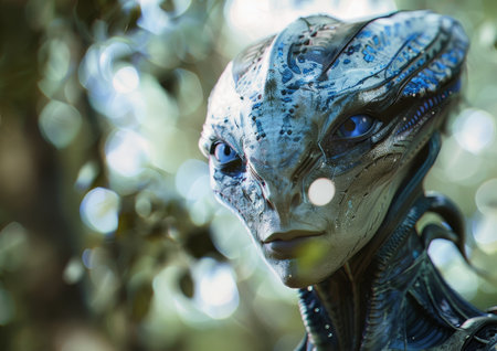 Close-up of an intricate alien face with detailed texturesの素材