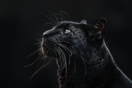 Black cat with intense gaze against a dark backgroundの素材