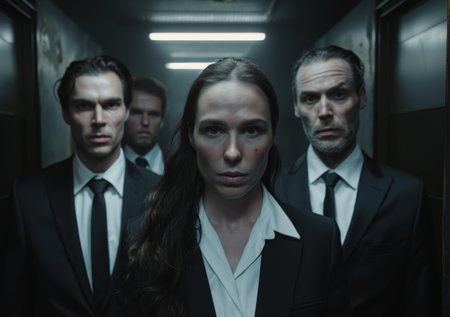 Business team in an elevator with intense expressionsの素材