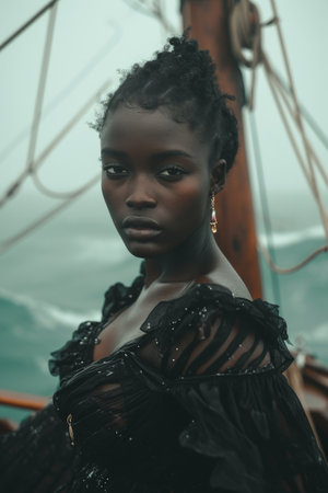 Elegant woman in black dress on a vintage sailboatの素材