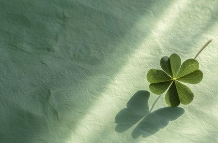 Four-leaf clover casting a shadow on a textured green surfaceの素材