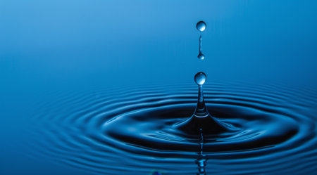 Perfect water droplet creating ripples on serene blue surfaceの素材