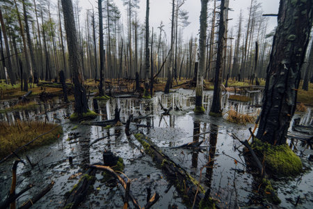 Misty swamp with dead trees and reflective waterの素材