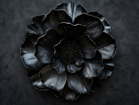 Elegant black metallic flower sculpture on dark backgroundの素材