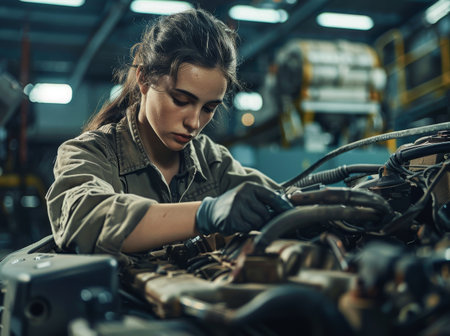 Female mechanic working on a car engine in a workshopの素材