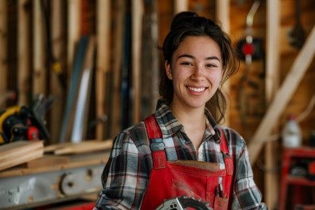 Confident young female carpenter in a workshopの素材