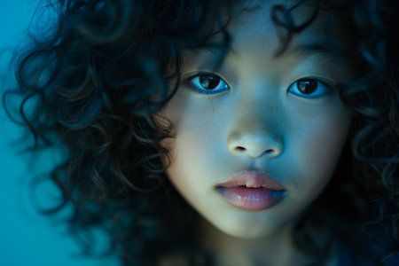 Portrait of a young girl with curly hair in blue lightingの素材
