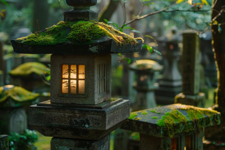 Moss-covered stone lantern glowing in a serene forest at duskの素材