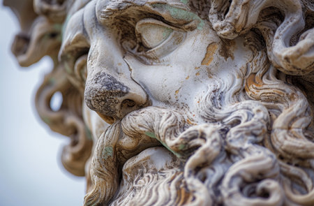 Close-up of an Ancient Sculpted Face with Intricate Detailsの素材