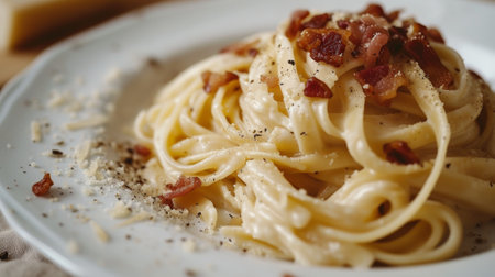 Creamy pasta carbonara with crispy bacon and freshly ground pepperの素材
