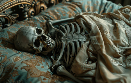 Skeleton lying on an ornate bed with vintage beddingの素材