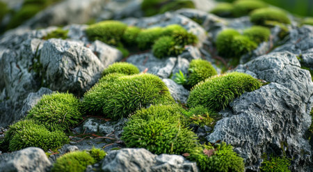Vibrant green moss growing on rugged rocksの素材