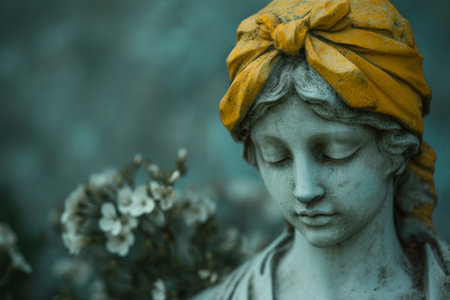 Serene Statue with Yellow Headscarf and Floral Backgroundの素材