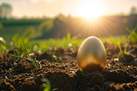 Golden egg in soil at sunrise in a fieldの素材