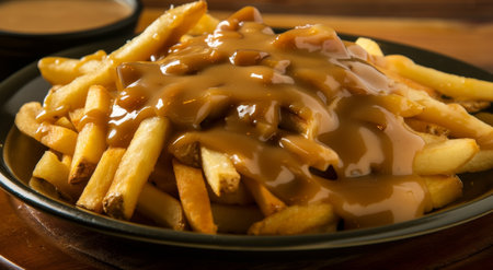Delicious poutine with gravy and cheese curds on a plateの素材