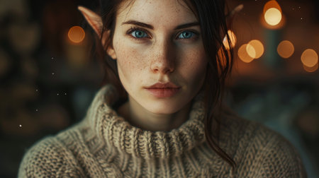 Portrait of a young woman with elf ears and freckles in a cozy settingの素材