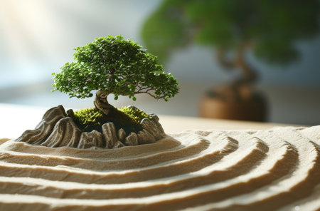 Miniature bonsai tree on a zen garden sand patternの素材