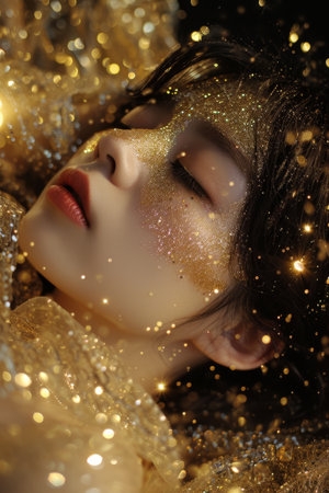 Ethereal Beauty with Glitter Makeup in Golden Lightの素材