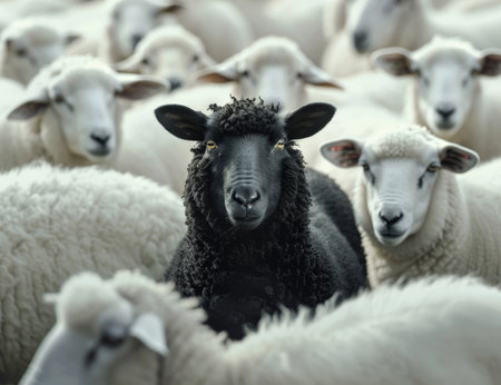 Black sheep standing out in a crowd of white sheepの素材