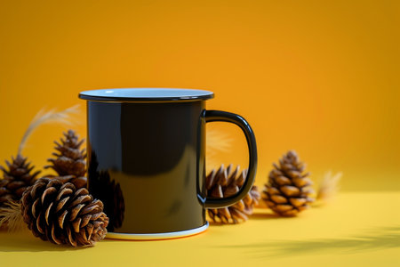 Autumn themed mug surrounded by pine cones on a yellow backgroundの素材