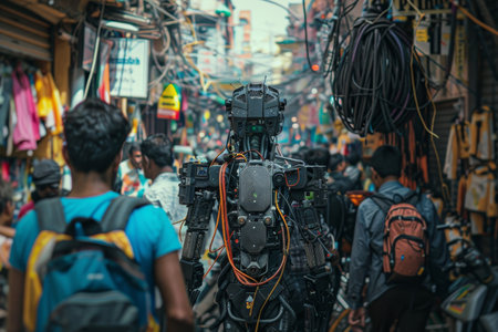 Futuristic Robot Walking Through a Busy Market Streetの素材