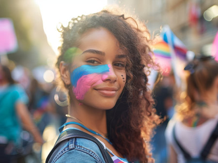Young woman with colorful face paint at a street festivalの素材