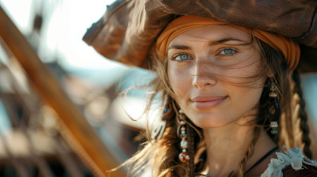 Confident female pirate gazing into the distance on a ship deckの素材