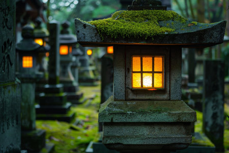 Illuminated stone lantern in a serene Japanese garden at duskの素材
