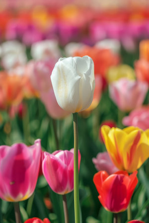 Single white tulip standing out in a colorful tulip fieldの素材