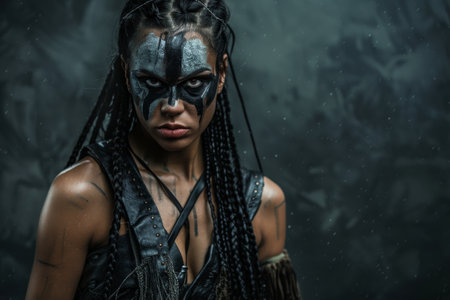 Fierce warrior woman with tribal face paint in a mystical forestの素材