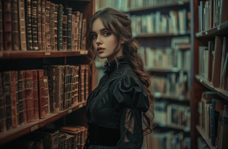 Young Woman in Vintage Attire Browsing Through an Antique Libraryの素材