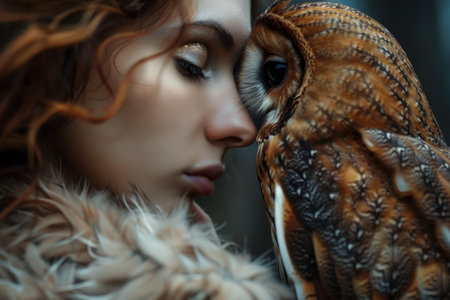Woman in close encounter with a majestic owlの素材