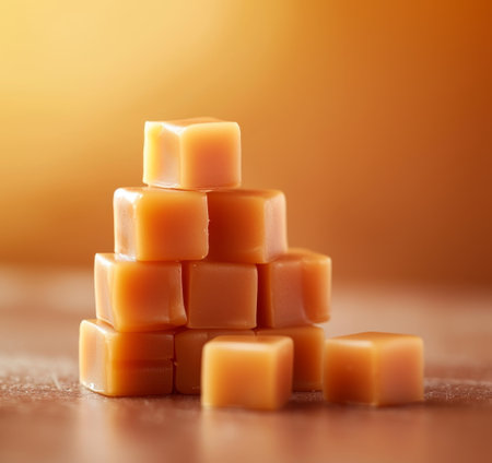 Stack of caramel candies on a warm backgroundの素材