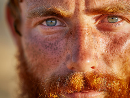 Close-up of a man with striking blue eyes and a red beardの素材