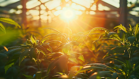 Sunset light shining through lush green plantsの素材