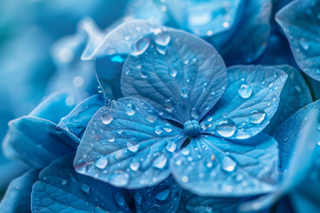 Close-up of Blue Hydrangea Flowers with Dew Dropsの素材